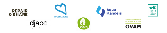 Logo's van de organisaties Repair&Share, Djapo, GoodPlanet, Vlaco, AquaFlanders, OVAM en Velt.