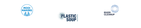 Logo's van de organisaties Mooimakers, Plastic Soup Foundation en River Cleanup Belgium.